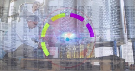 Animation of speedometer data processing on caucasian male and female scientists working at factory - Powered by Adobe
