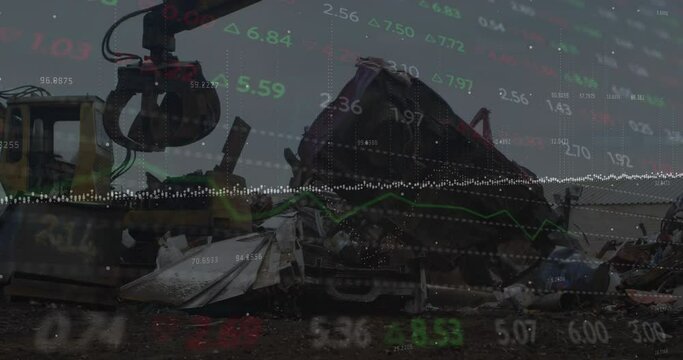 Animation of stock market data processing against hydraulic lifting machine operating at junkyard