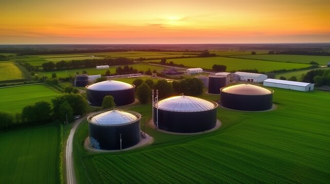 Green biogas plant storage tanks. Aerial view over biogas plant and farm in green fields. Renewable energy from biomass. Modern agriculture concept.