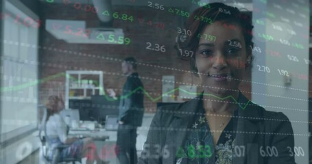 Animation of stock market data processing against african american businesswoman smiling at office - Powered by Adobe