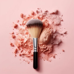 Beauty products with soft make-up brushes and coloured blush and eyeshadow on a pink background.  Generative AI.