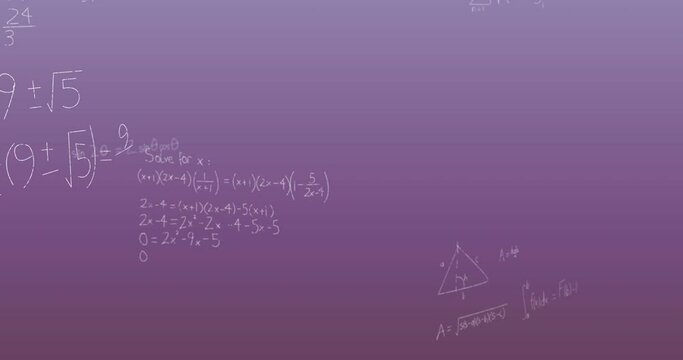 Animation of mathematical equations and formulas floating against purple gradient background