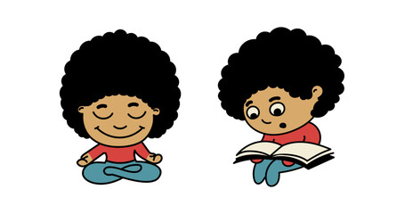Curly swarthy boy with a book. Cute character is meditating and reading. Flat vector color illustration with outline.