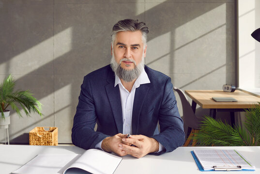 Businessman sitting at desk looking at camera having videocall online conversation. Portrait of confident bearded business leader, speaker sitting at disk looking at camera webinar, online class