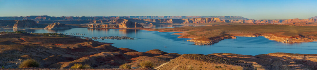 Panoramic view of Lake Powell Marinas at sunset, Wahweap Marina, Glen Canyon National Recreation.