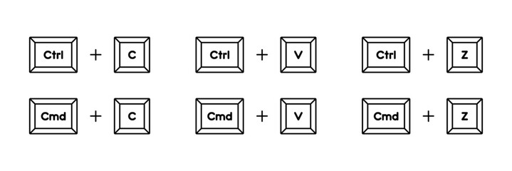 Keyboard buttons for copy, paste, cut, past shortcuts vector icon set. Ctrl C, Ctrl V, Ctrl Z, Cmd C, Cmd V, Cmd Z shortcut keys for copy paste keyboard keys concept. Linear press symbols