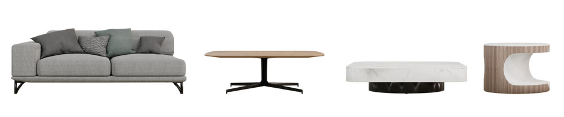 Furniture interior on transparent background, grey sofa, wooden table, marble table, 3d render illustration.