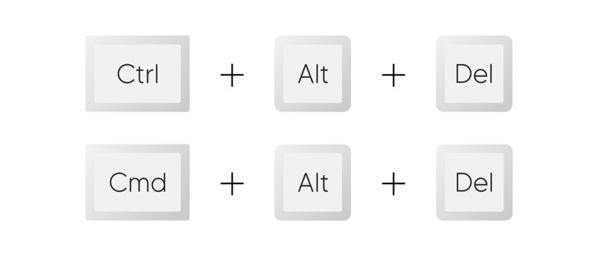 Keyboard buttons vector icon set. Ctrl Alt Del, Cmd Alt Del shortcut keys symbol. Realistic keyboard image
