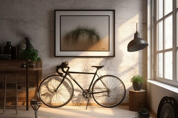 Fototapeta na wymiar Contemporary indoor space with empty picture frame, bicycle, and light fixtures. Urban style furnishing and atmosphere. Virtual model. Generative AI