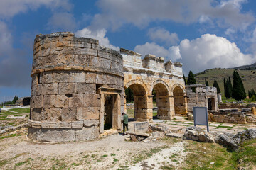 colonnade on the main street of ancient ruined city Hierapolis in Turkey