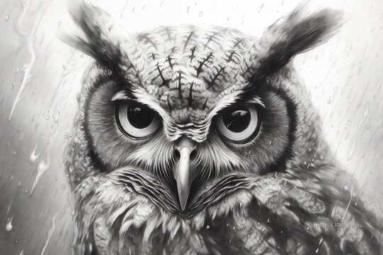 Face owl sketch portrait closeup design black white, Generative AI