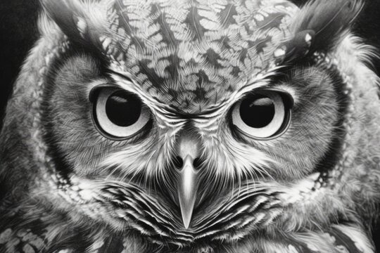 Face owl sketch portrait closeup design black white, Generative AI