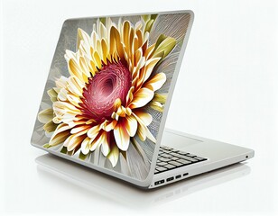 White laptop with flower decoration on white background. Generative AI.