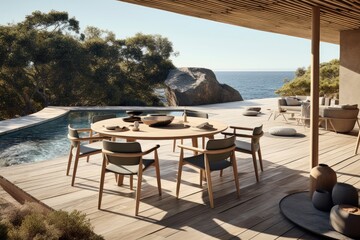 Wooden outdoor sitting arangement in a beach house created using generative AI tools