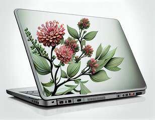 White laptop with flower decoration on white background. Generative AI.