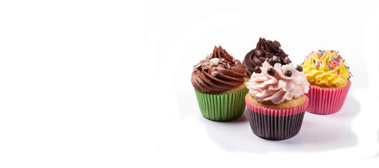assortment of cupcakes isolated on white and copy space, generative ai