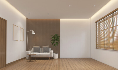 Japan style empty room decorated with minimalist sofa and wood grating wall, white wall and wood floor, window and curtain. 3d rendering