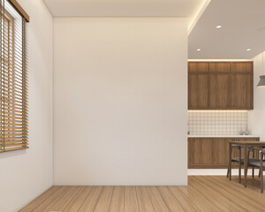 Japan style empty room decorated with wood kitchen cabinet and dining table, white wall and wood floor, window and curtain. 3d rendering