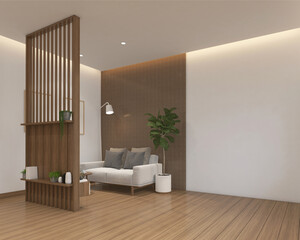 Japan style empty room decorated with minimalist sofa and wood grating wall, white wall and wood floor, window and curtain. 3d rendering