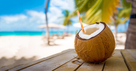 Tropical fresh coconut cocktail with straw on white beach with blue ocean and palm trees on the background, tropical,Holiday,resort concept - obrazy, fototapety, plakaty
