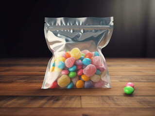 Front view of Sweets Bag with colorful candies for Birthday party, Favors Bag Topper on wooden floor, generative ai