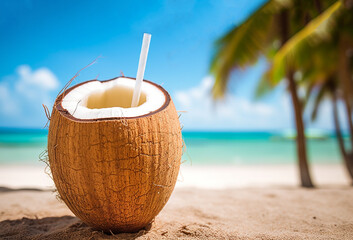 Tropical fresh coconut cocktail with straw on white beach with blue ocean and palm trees on the background, tropical,Holiday,resort concept - obrazy, fototapety, plakaty