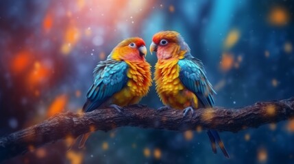 Naklejka premium A pair of romantic lovebirds on a branch. love concept. generative AI