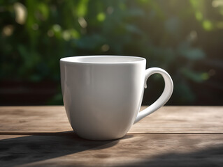 Obraz premium Mock up minimalist white ceramic mug on wooden floor with greenery around, generative ai