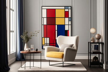 modern colorful living room with red blue yellow and white squares and rectangles wall art, generative ai