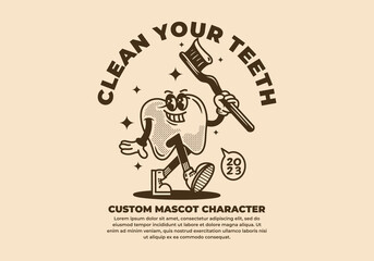 Vintage mascot character of tooth holding a tooth brush