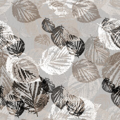 Seamless pattern with openwork leaves . White, black, brown leaves on a light gray background. - 601960952