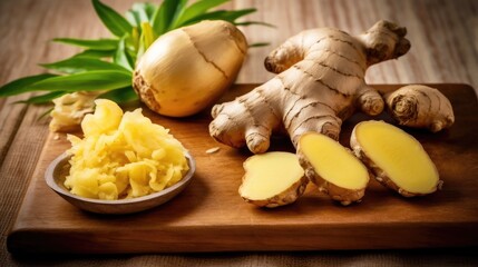 Fresh cut ginger roots on a wooden table created using generative AI tools