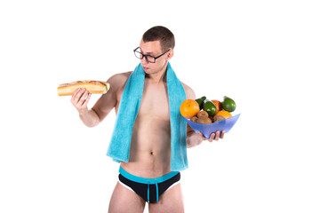 Sports and diet. Attractive man and healthy lifestyle. White background.	