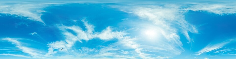 sky panorama with bright glowing Cirrus clouds. HDR 360 seamless spherical panorama. Full zenith or sky dome for 3D visualization, sky replacement for aerial drone panoramas.