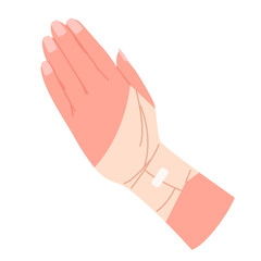 Human hand with medical bandage, infographic vector illustration. Cartoon isolated broken injured arm and wrist with elastic bandage wrap for treatment in hospital trauma and pain of accident