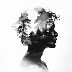 Double exposure inspired nature photography of people mixed with mountains and trees © miketea88