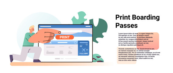 man traveler printing boarding passes or flight ticket guy touching print button on tablet pc screen vacation traveling