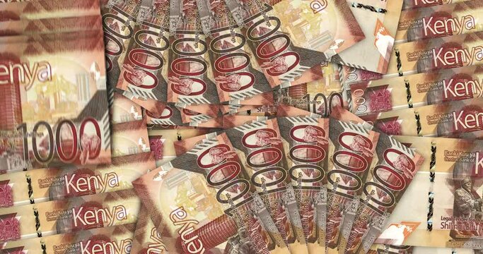 Kenya Shilling banknotes in a cash fan mosaic pattern loop. Kenyan KES 1000 money notes. Abstract concept of bank, finance, economy seamless and looped decorative design background. 