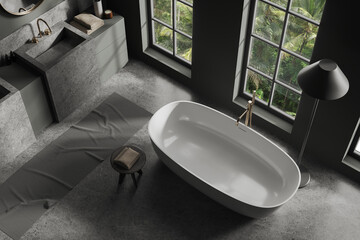 Top view of grey bathroom interior with bathtub, sink and panoramic window