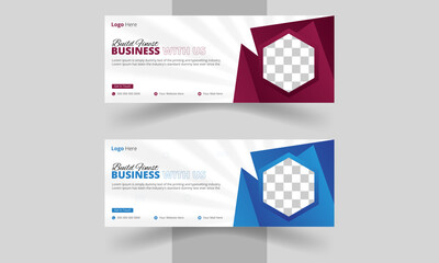 Fototapeta premium Professional business facebook cover page timeline web ad banner template with photo place modern layout white background and Vivid red shape and text design, Online marketing webinar banner template 