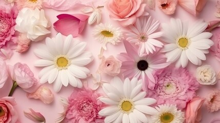 Obraz na płótnie Canvas A high-quality photo showcasing pink and white flowers on a pink pastel background for Mother's Day or Women's Day. (Generative AI)