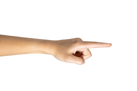 Woman hand pointing, touching, pressing or counting isolated on white background, with clipping path. Full Depth of field. Focus stacking.