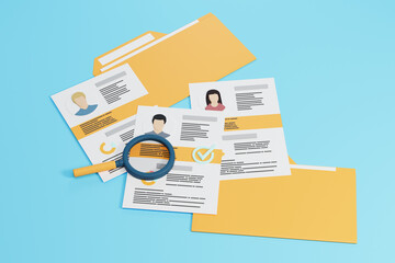 Stack of job applications with folders and magnifying glass