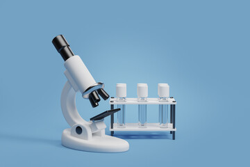 Black and white microscope with test tubes, biology and medicine