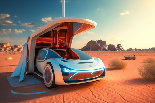refueling transportation futuristic desert automotive auto car electric transport drive. Generative AI.