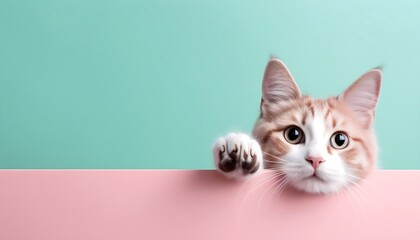 A Playful Portrait of an Adorable Ginger Cat on a Pastel Blue and Pink Background, Generative AI