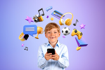 Smiling boy with smartphone, online entertainment icons