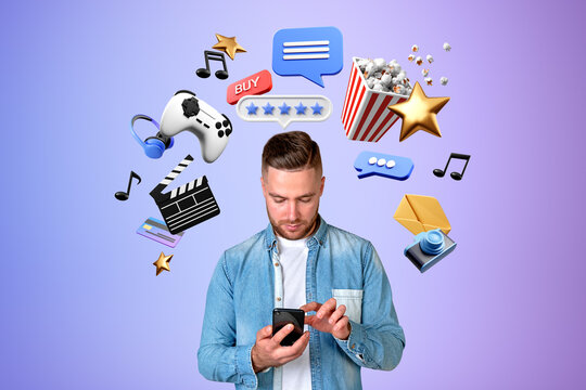 Businessman with smartphone in hands, online entertainment and r