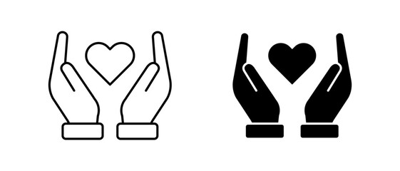 Heart in hand vector icon. Outline symbol hands holding heart. Healthcare, medicine illustration