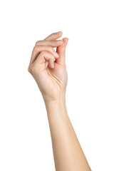 Woman hand Finger snap isolated on white background, with clipping path.  Five fingers. Full Depth of field. Focus stacking. PNG
